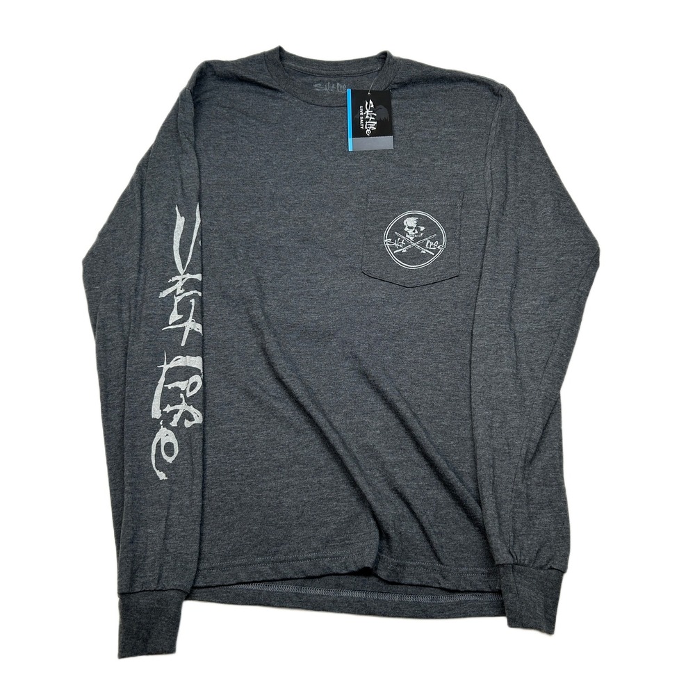 Salt Life Skull & Poles Graphic Fishing T-Shirt Mens Small Gray Long Sleeve‎ NEW